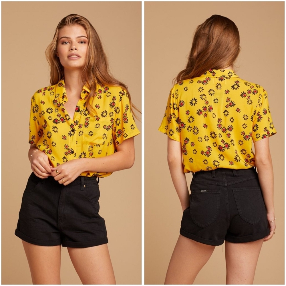Solid & Striped Yellow Daisy Cabana Shirt Button Front Top Large